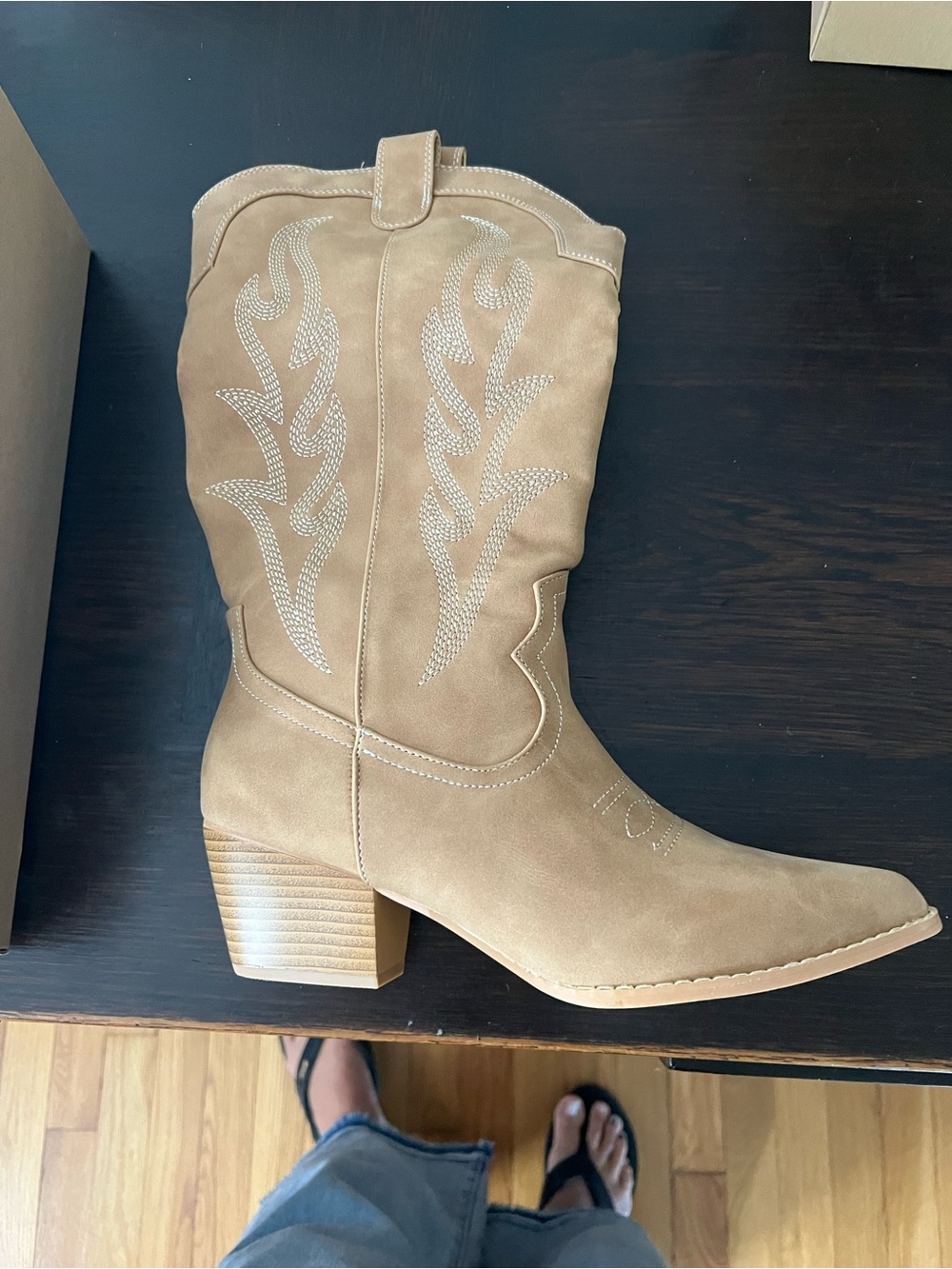 Tan Suede cowboy Western Mid-Calf Boot with Embroidery